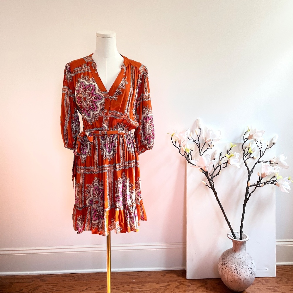 Porridge Anthropologie Boho Paisley Mini Dress S Tie Waist Festival Hippie Indie - Picture 2 of 13
